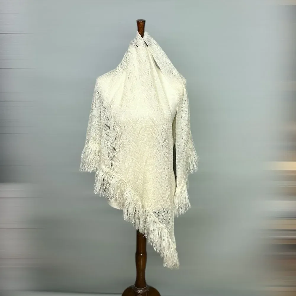 Vintage Desco Cream Scarf Shawl Triangular with Fringes Japan  Acrylic Boho